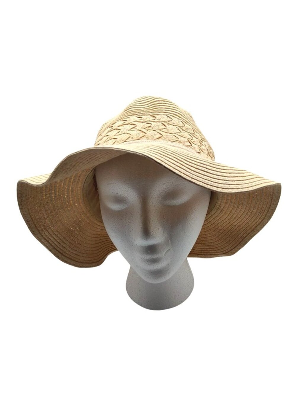 Bass Wide Brim Beige Paper Sun Hat With Woven Design & Knot Detail For Women